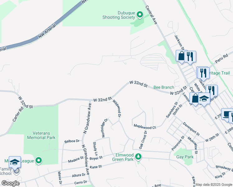 map of restaurants, bars, coffee shops, grocery stores, and more near 883 West 32nd Street in Dubuque