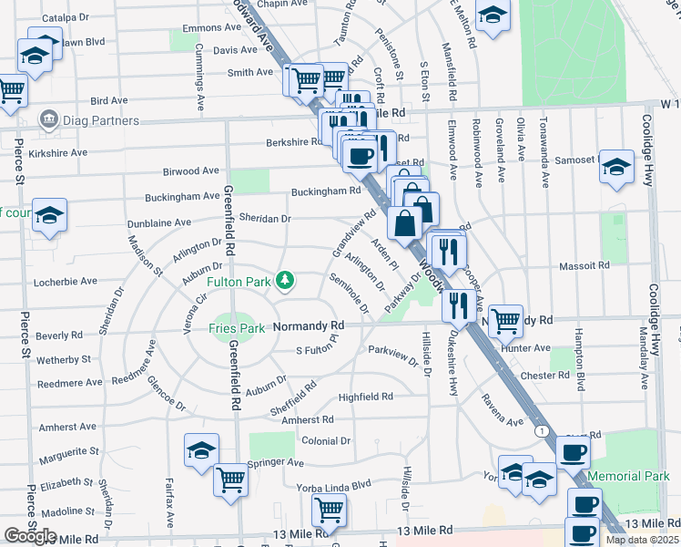 map of restaurants, bars, coffee shops, grocery stores, and more near 4168 Seminole Drive in Royal Oak