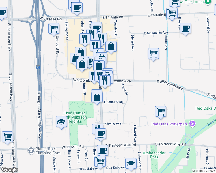 map of restaurants, bars, coffee shops, grocery stores, and more near 31632 John R Road in Madison Heights