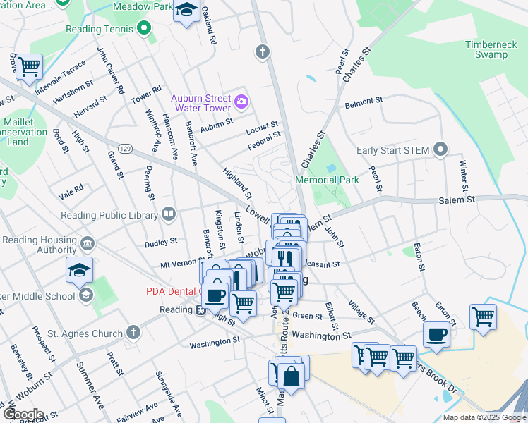 map of restaurants, bars, coffee shops, grocery stores, and more near 37 Lowell Street in Reading
