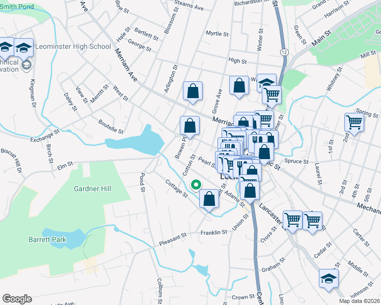 map of restaurants, bars, coffee shops, grocery stores, and more near 27 Cotton Street in Leominster