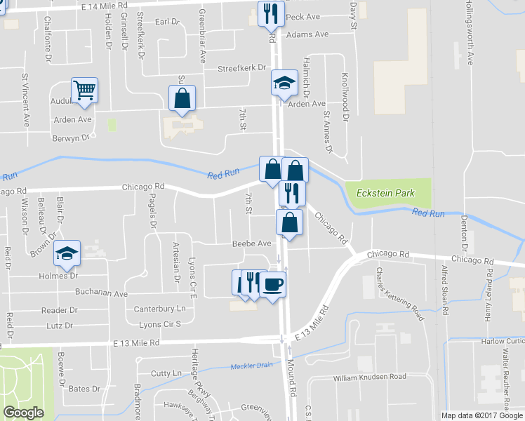 map of restaurants, bars, coffee shops, grocery stores, and more near 5749 Filmore Avenue in Warren