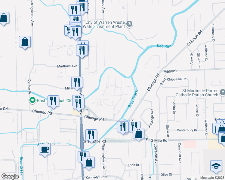 map of restaurants, bars, coffee shops, grocery stores, and more near 31596 Juniper Lane in Warren