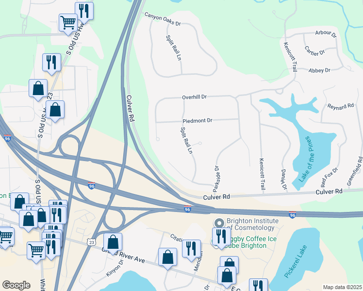 map of restaurants, bars, coffee shops, grocery stores, and more near 5460 Split Rail Lane in Brighton
