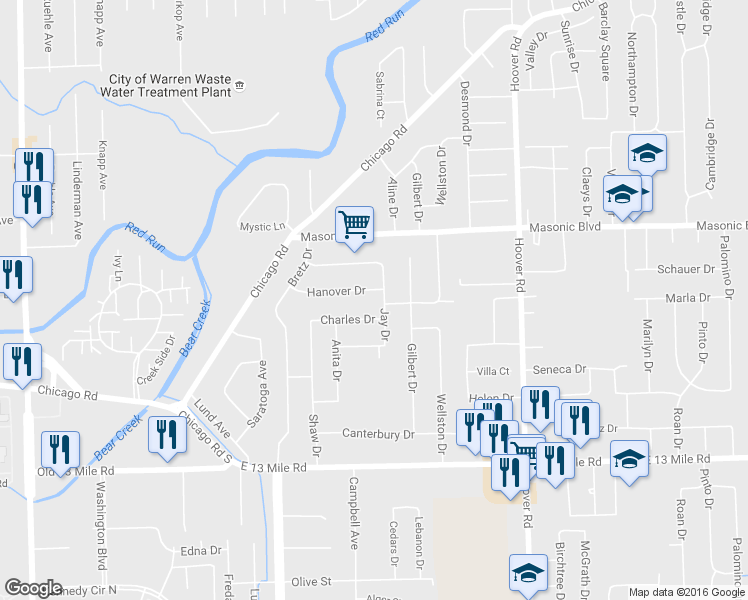 map of restaurants, bars, coffee shops, grocery stores, and more near 11242 Hanover Drive in Warren