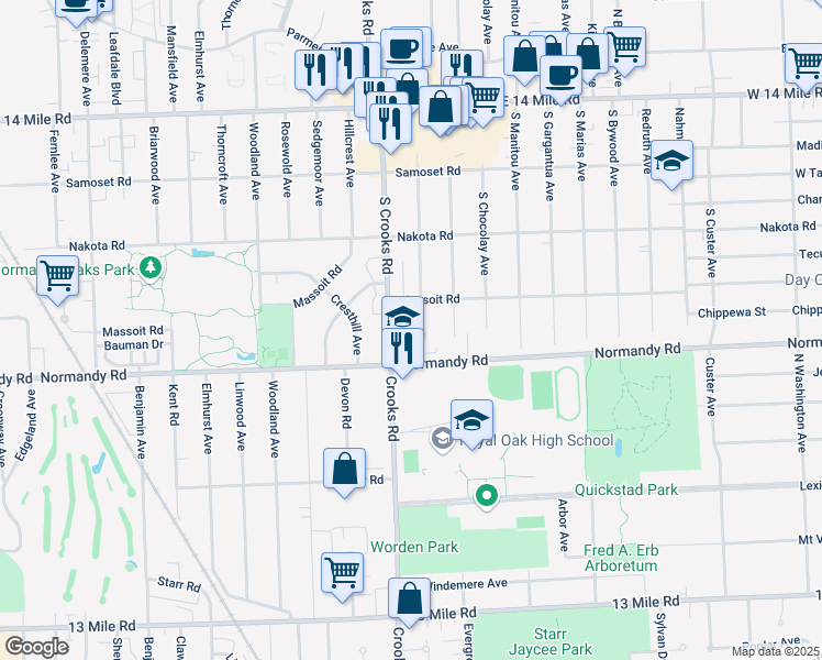map of restaurants, bars, coffee shops, grocery stores, and more near 1612 Michael Court in Clawson