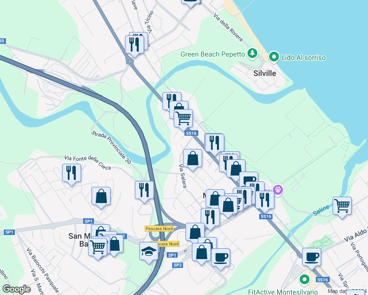 map of restaurants, bars, coffee shops, grocery stores, and more near 139 Via Salara in Marina