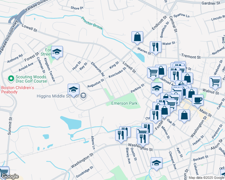 map of restaurants, bars, coffee shops, grocery stores, and more near 1 Ellsworth Road in Peabody
