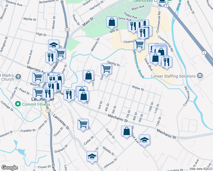 map of restaurants, bars, coffee shops, grocery stores, and more near 115 4th Street in Leominster