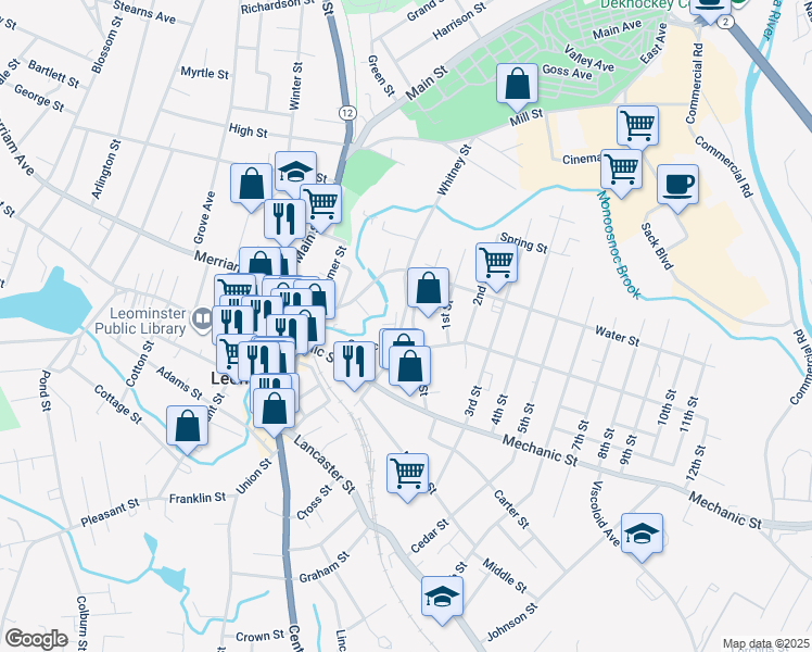 map of restaurants, bars, coffee shops, grocery stores, and more near 169 Whitney Street in Leominster