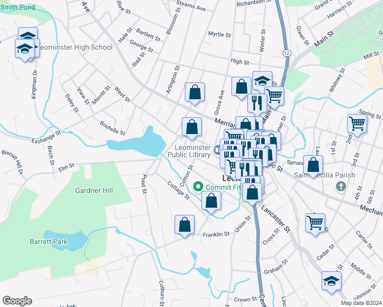 map of restaurants, bars, coffee shops, grocery stores, and more near 27 Cotton Street in Leominster