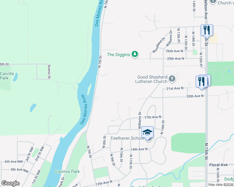 map of restaurants, bars, coffee shops, grocery stores, and more near 1730 River Forest Drive in Fort Dodge
