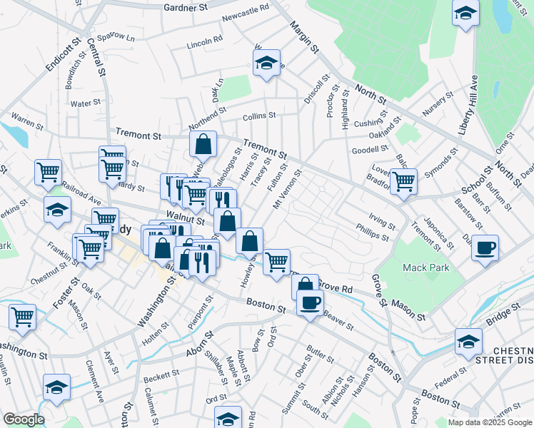 map of restaurants, bars, coffee shops, grocery stores, and more near 15 Fulton Street in Peabody