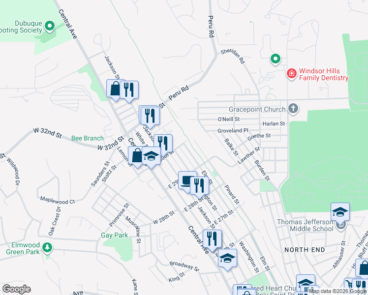map of restaurants, bars, coffee shops, grocery stores, and more near 2949 Elm Street in Dubuque