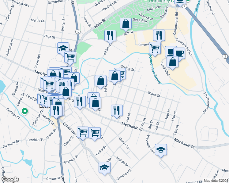 map of restaurants, bars, coffee shops, grocery stores, and more near 126 2nd Street in Leominster