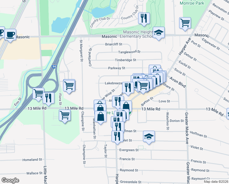 map of restaurants, bars, coffee shops, grocery stores, and more near 21512 Willow Wisp Street in St. Clair Shores