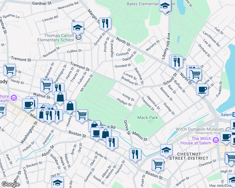 map of restaurants, bars, coffee shops, grocery stores, and more near 36 Phillips Street in Salem