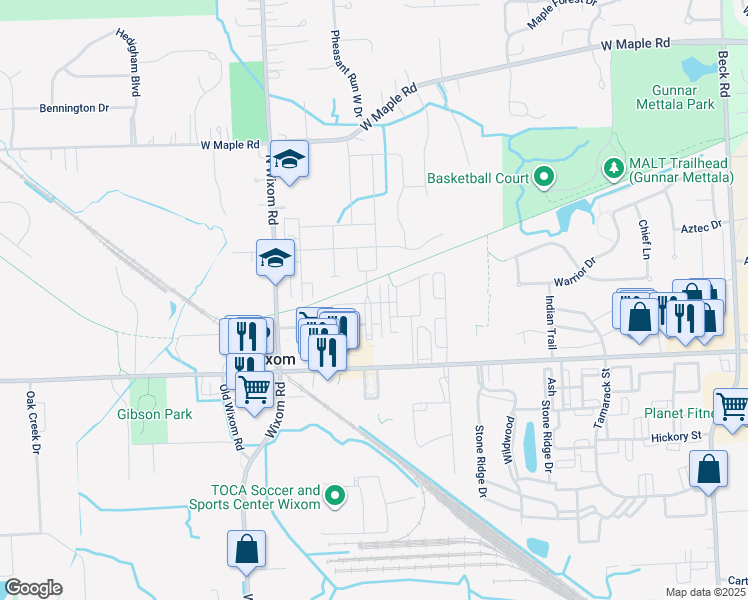 map of restaurants, bars, coffee shops, grocery stores, and more near 238 Center Boulevard in Wixom