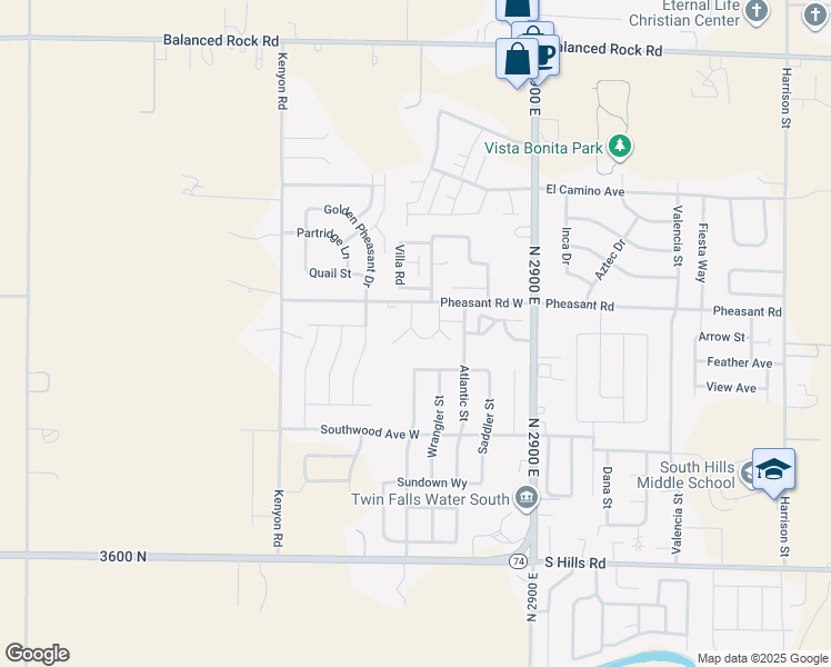 map of restaurants, bars, coffee shops, grocery stores, and more near 259 Pheasant Road West in Twin Falls
