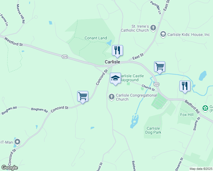 map of restaurants, bars, coffee shops, grocery stores, and more near 88 School Street in Carlisle