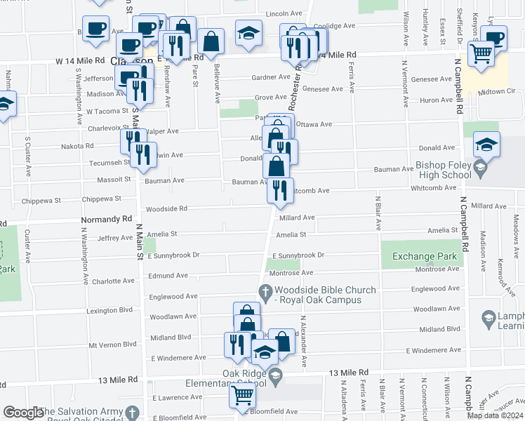 map of restaurants, bars, coffee shops, grocery stores, and more near 530 Woodside Road in Royal Oak