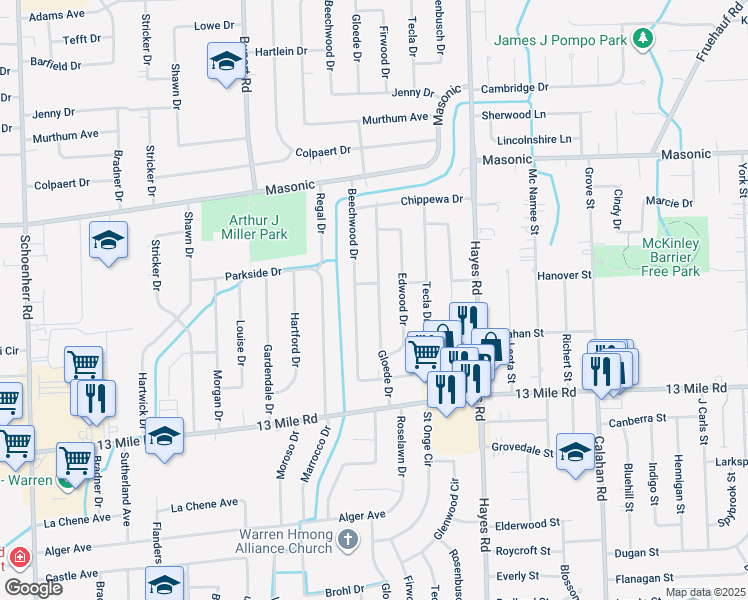 map of restaurants, bars, coffee shops, grocery stores, and more near 31434 Beechwood Drive in Warren