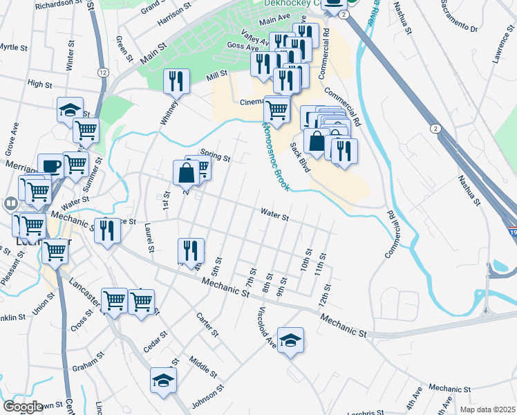 map of restaurants, bars, coffee shops, grocery stores, and more near 258 Water Street in Leominster