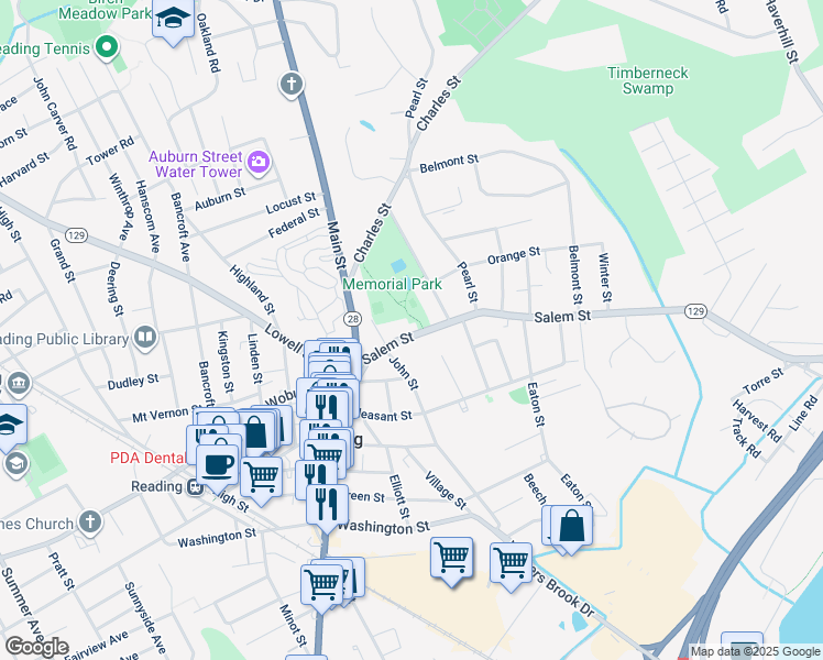 map of restaurants, bars, coffee shops, grocery stores, and more near 60 Salem Street in Reading