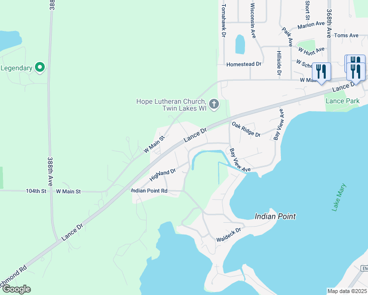 map of restaurants, bars, coffee shops, grocery stores, and more near 951 Bay View Avenue in Twin Lakes