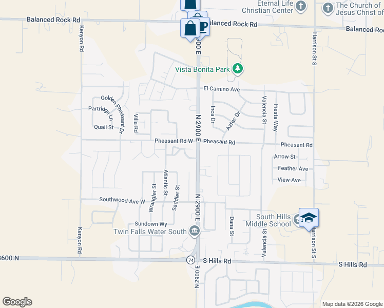 map of restaurants, bars, coffee shops, grocery stores, and more near 1354 Washington Street South in Twin Falls