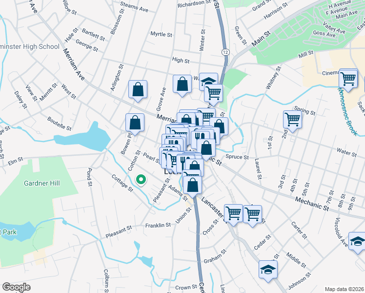 map of restaurants, bars, coffee shops, grocery stores, and more near None in Leominster