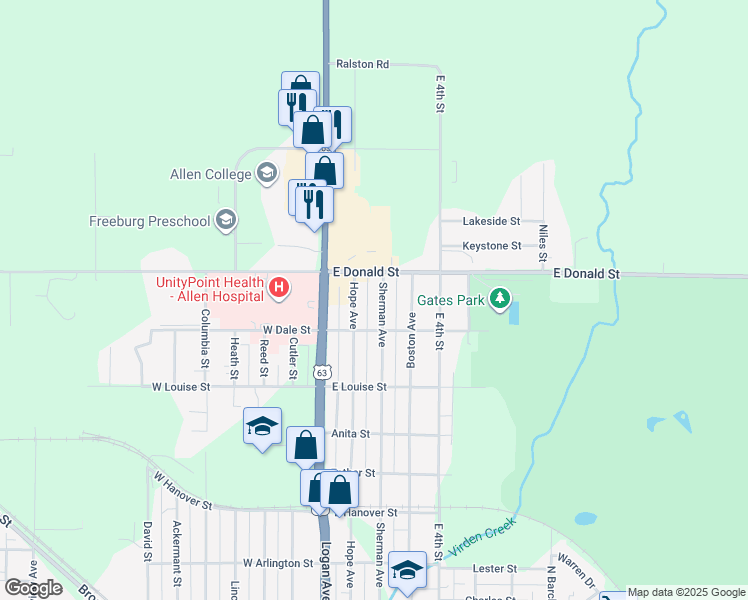 map of restaurants, bars, coffee shops, grocery stores, and more near 727 Sherman Avenue in Waterloo