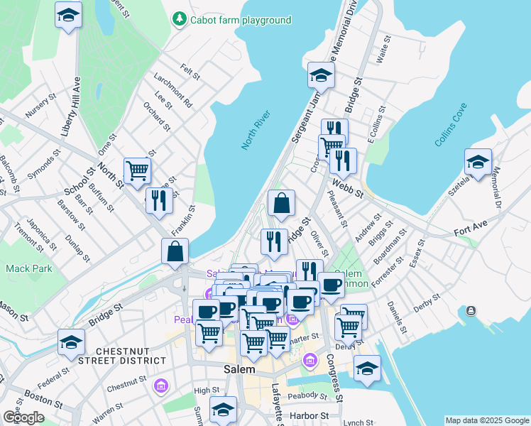 map of restaurants, bars, coffee shops, grocery stores, and more near 1c Sergeant James Ayube Memorial Drive in Salem