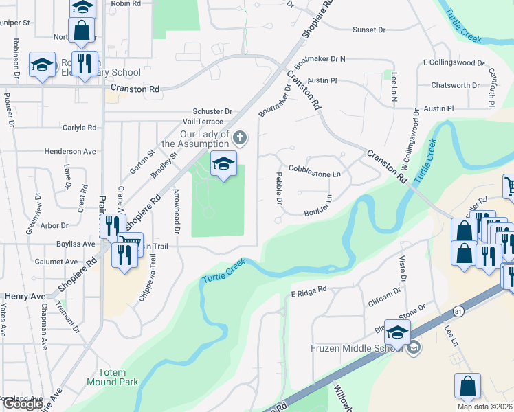map of restaurants, bars, coffee shops, grocery stores, and more near 1956 Bootmaker Drive in Beloit