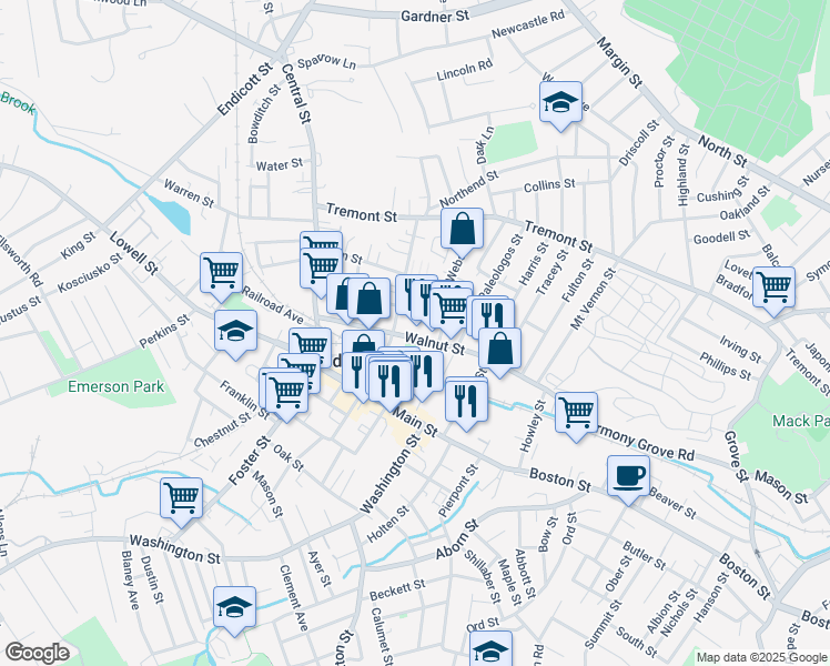 map of restaurants, bars, coffee shops, grocery stores, and more near 50 Walnut Street in Peabody