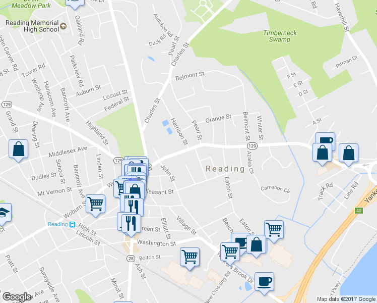 map of restaurants, bars, coffee shops, grocery stores, and more near 79 Salem Street in Reading