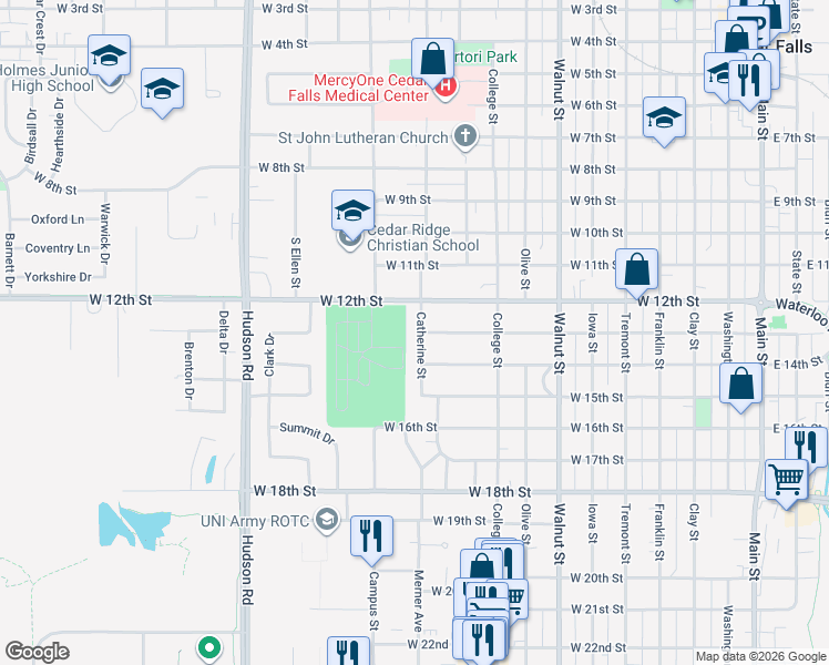 map of restaurants, bars, coffee shops, grocery stores, and more near 1227 Catherine Street in Cedar Falls