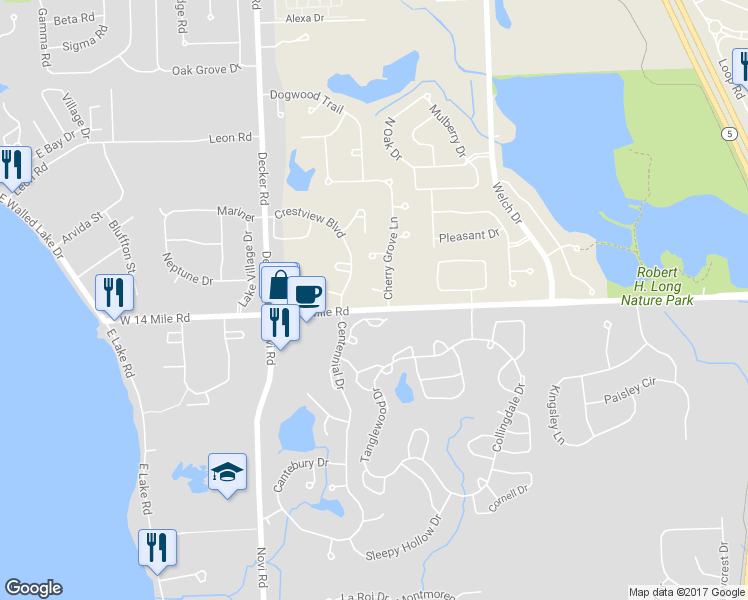 map of restaurants, bars, coffee shops, grocery stores, and more near 1880 Plumridge Court in Commerce Charter Township