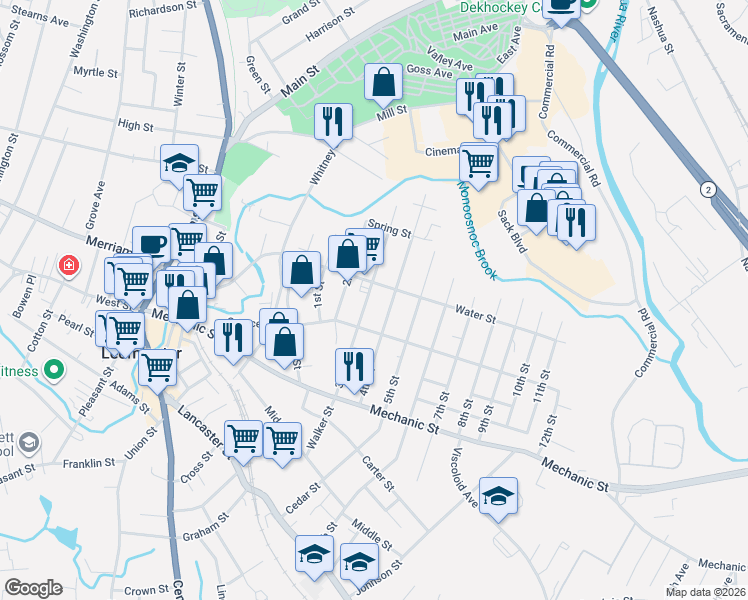 map of restaurants, bars, coffee shops, grocery stores, and more near 115 4th Street in Leominster