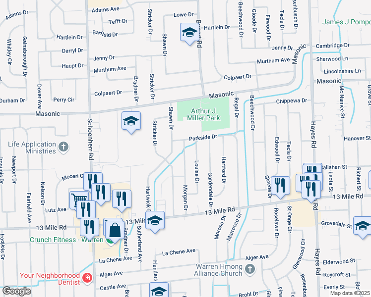 map of restaurants, bars, coffee shops, grocery stores, and more near 31540 Morgan Drive in Warren