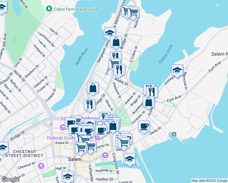 map of restaurants, bars, coffee shops, grocery stores, and more near 3 Parker Court in Salem