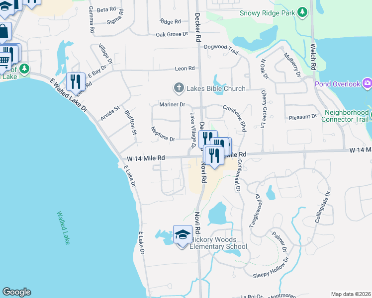 map of restaurants, bars, coffee shops, grocery stores, and more near 119 Lake Village Drive in Walled Lake