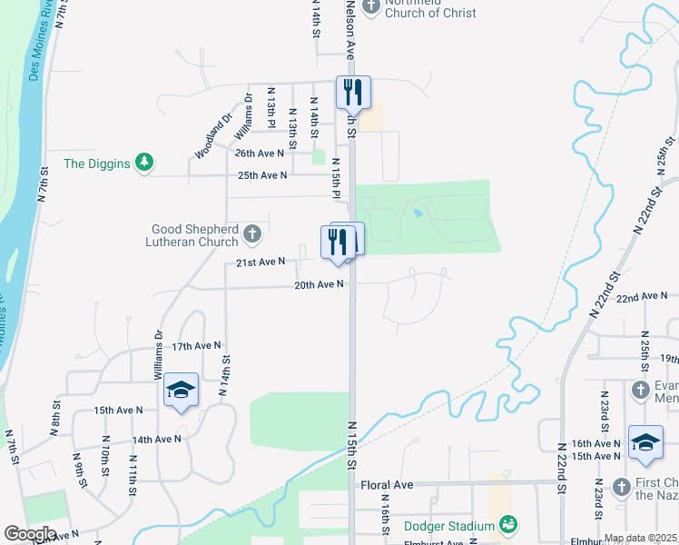 map of restaurants, bars, coffee shops, grocery stores, and more near 2002 North 15th Street in Fort Dodge