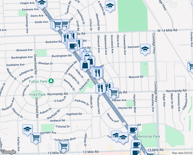 map of restaurants, bars, coffee shops, grocery stores, and more near 32222 Michigan 1 in Royal Oak