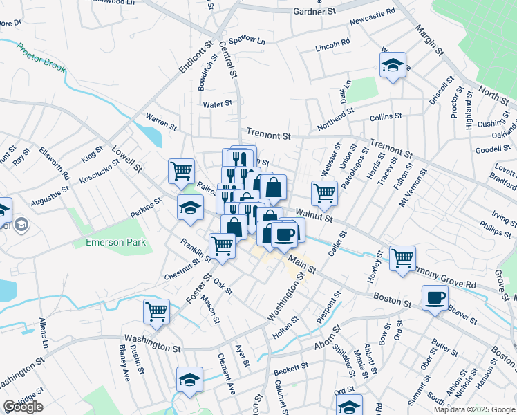 map of restaurants, bars, coffee shops, grocery stores, and more near Peabody Square in Peabody