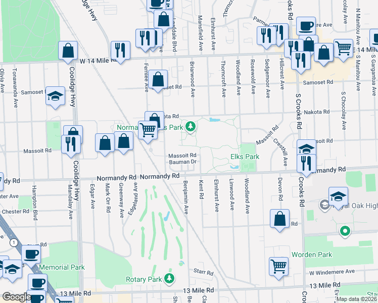map of restaurants, bars, coffee shops, grocery stores, and more near 2471 Massoit Road in Royal Oak