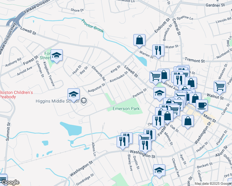 map of restaurants, bars, coffee shops, grocery stores, and more near 1 Ellsworth Road in Peabody