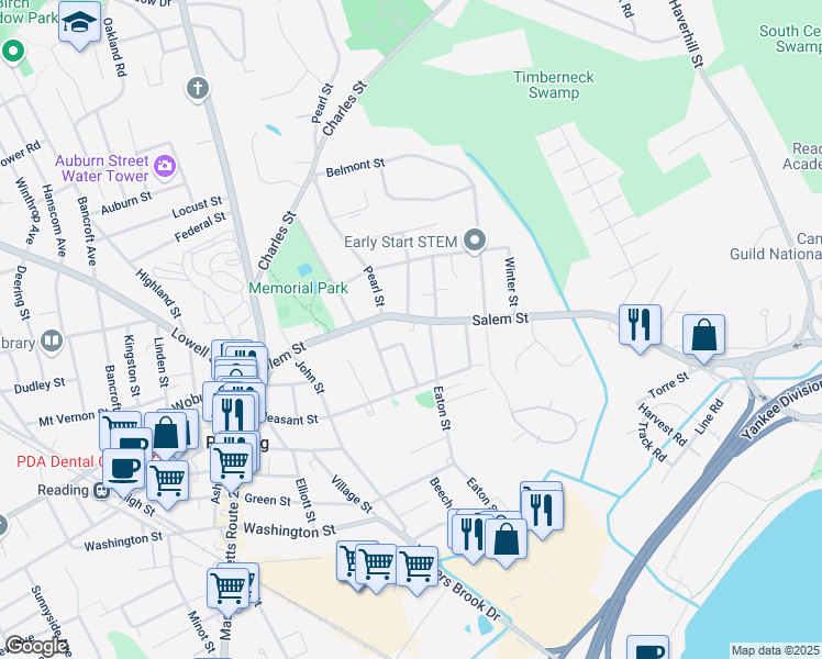map of restaurants, bars, coffee shops, grocery stores, and more near 7-45 Eaton Street in Reading