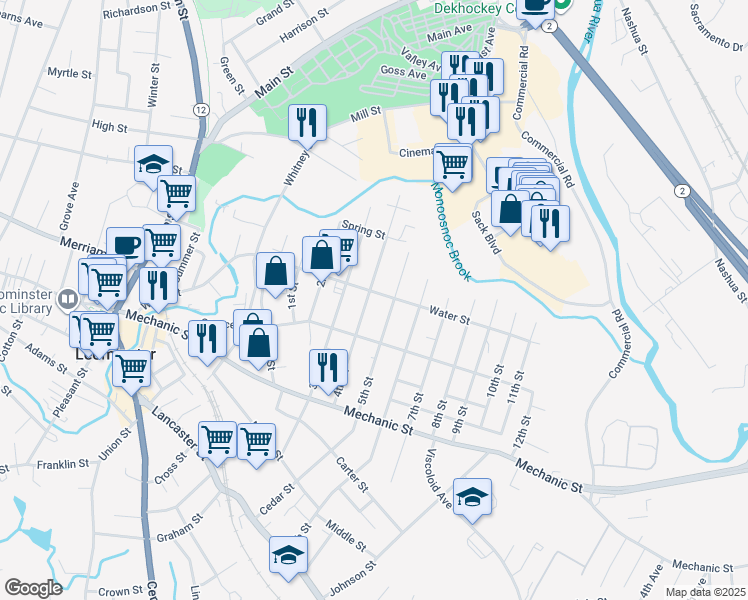 map of restaurants, bars, coffee shops, grocery stores, and more near 110 5th Street in Leominster