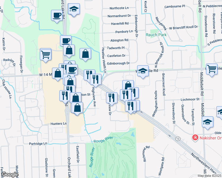 map of restaurants, bars, coffee shops, grocery stores, and more near 32726-32728 Northwestern Highway in Farmington Hills